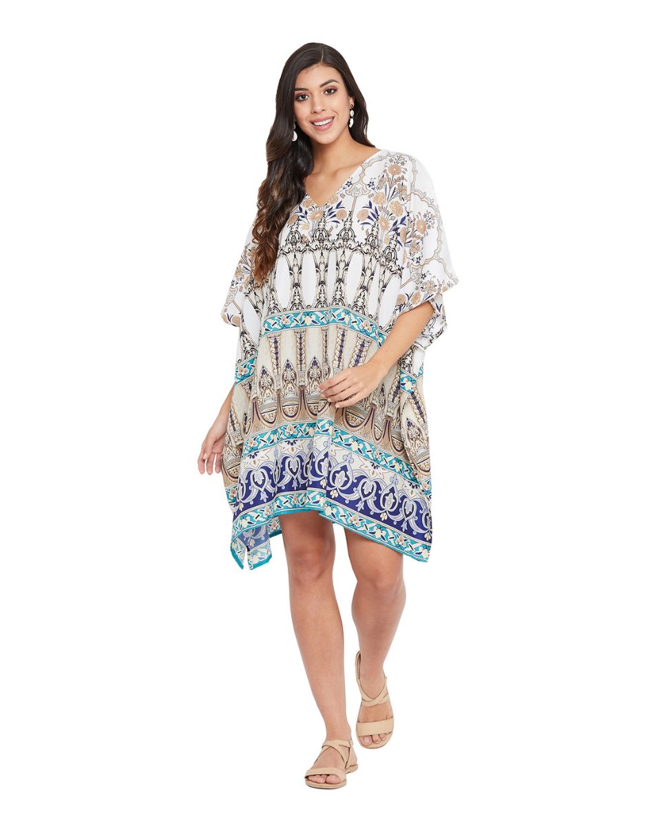 Digital Print Blue And Gray Polyester Tunic For Plus Size Women