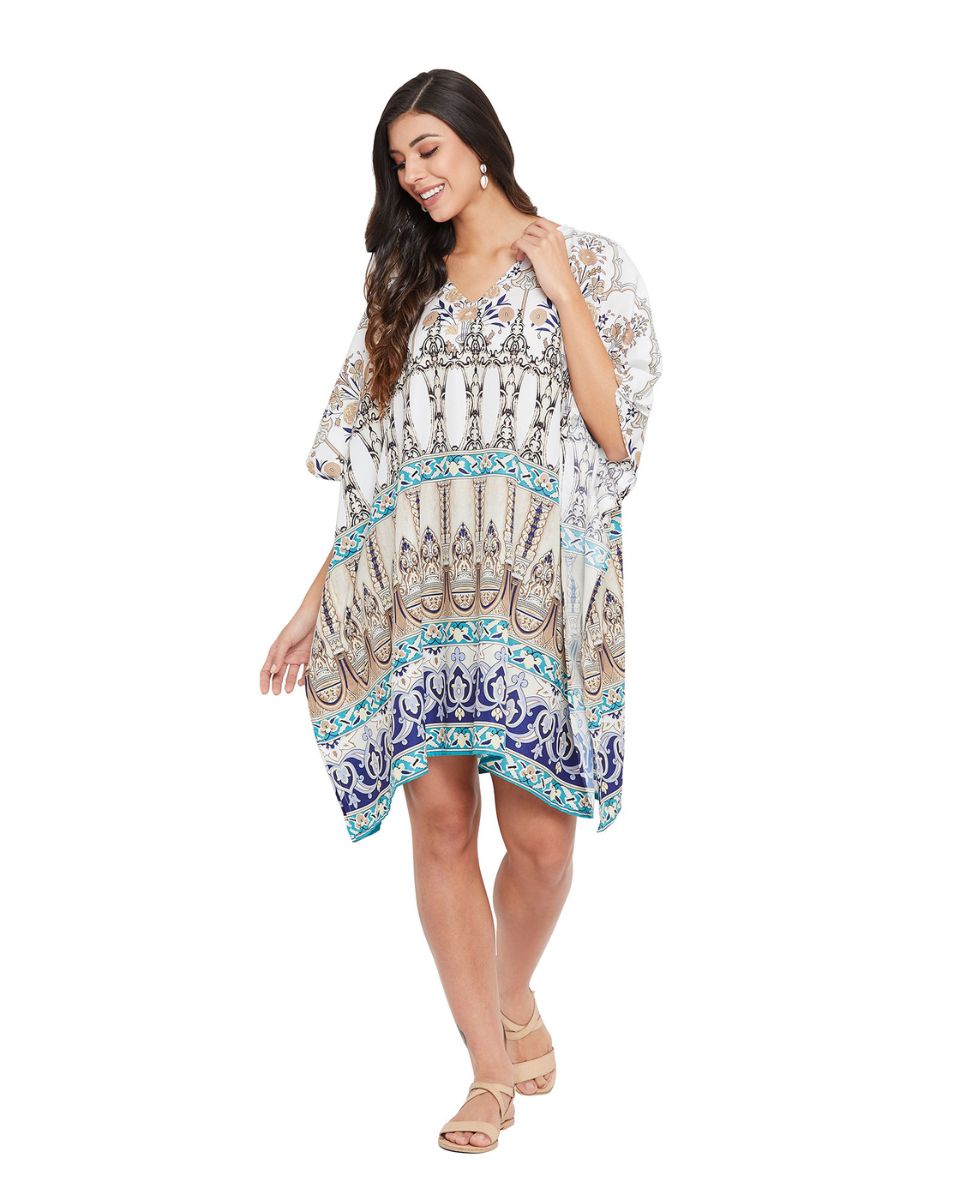 Digital Print Blue And Gray Polyester Tunic For Plus Size Women