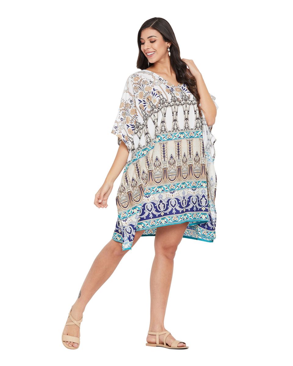 Digital Print Blue And Gray Polyester Tunic For Plus Size Women