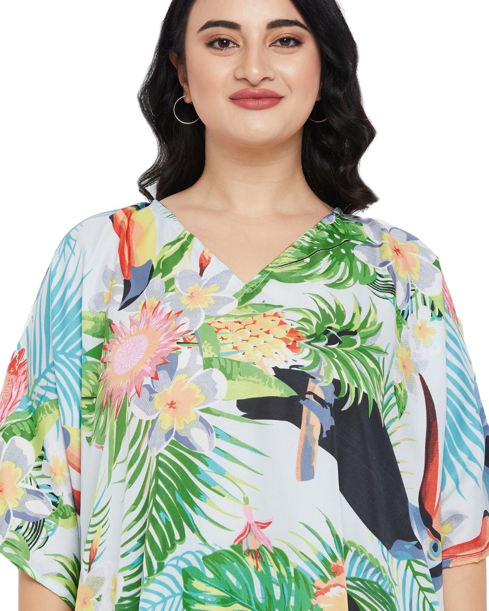 Leaf Printed Multicolor Polyester Tunic Top For Plus Size Women