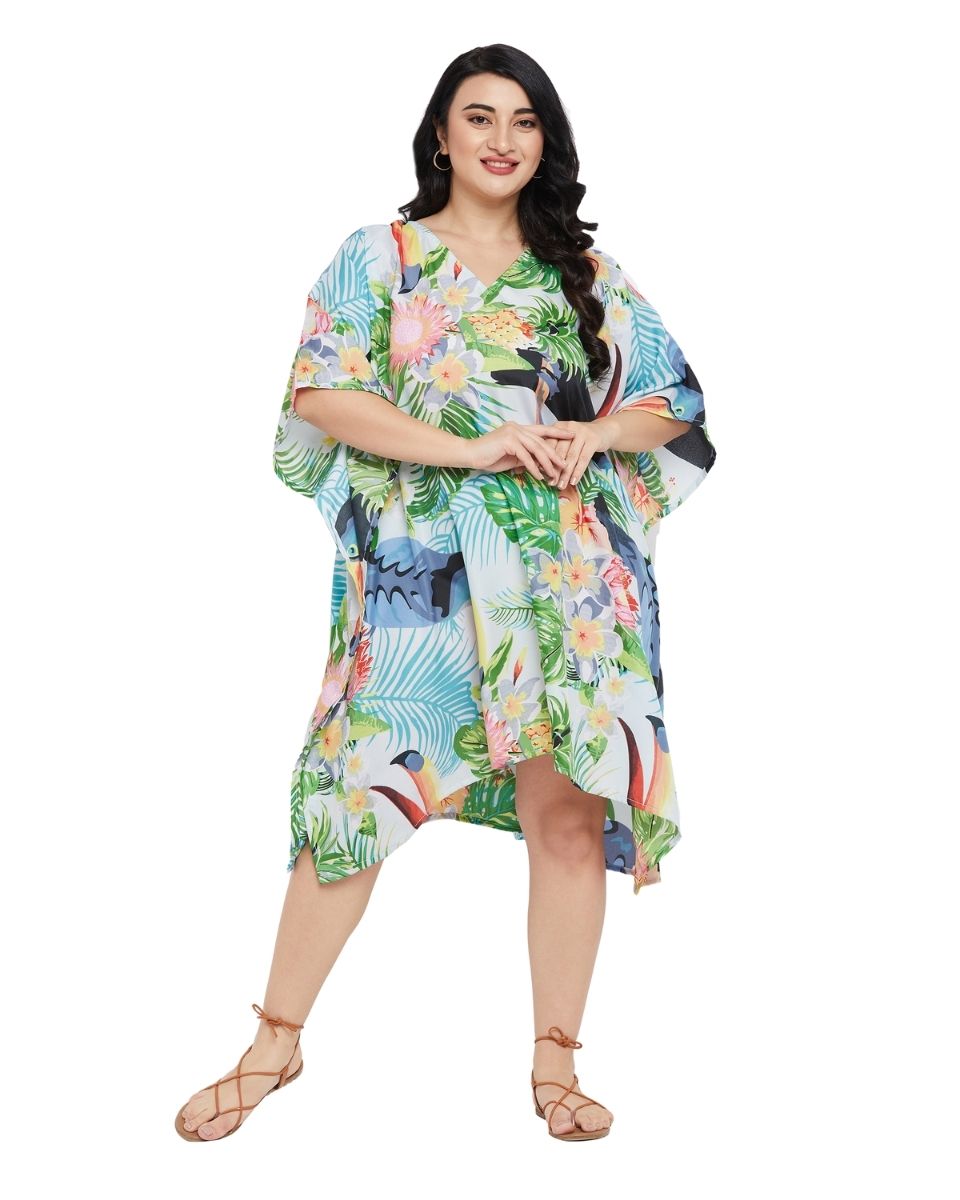 Leaf Printed Multicolor Polyester Tunic Top For Plus Size Women