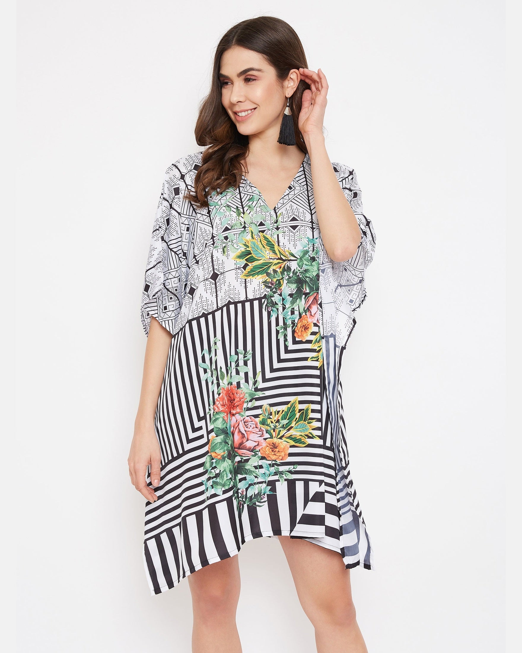 Striped Print Black Polyester Tunic Beach Short Kaftan For Women