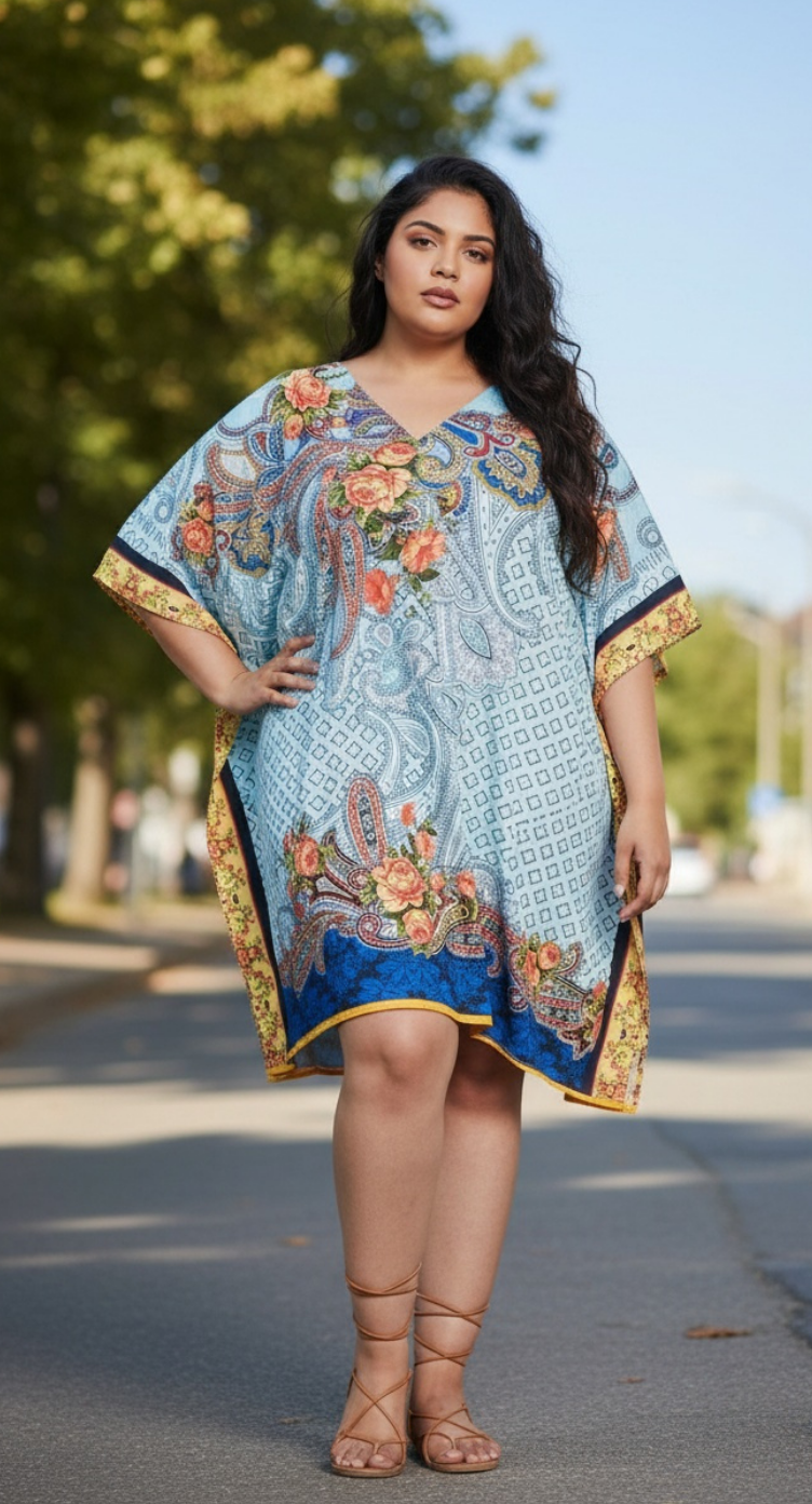 Floral Printed Sky Blue Polyester Plus Size Tunic Top For Women