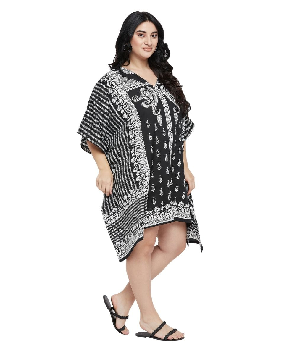 Floral Printed Black Polyester Plus Size Tunic Top For Women