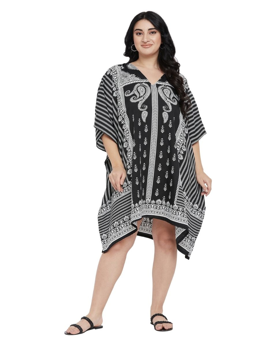 Floral Printed Black Polyester Plus Size Tunic Top For Women