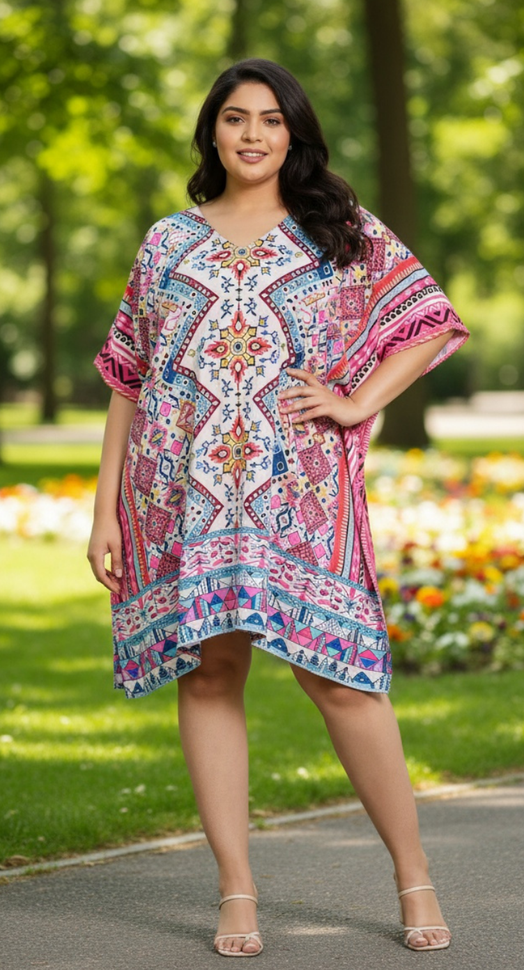 Floral Printed Pink Polyester Tunic Top For Plus Size Women