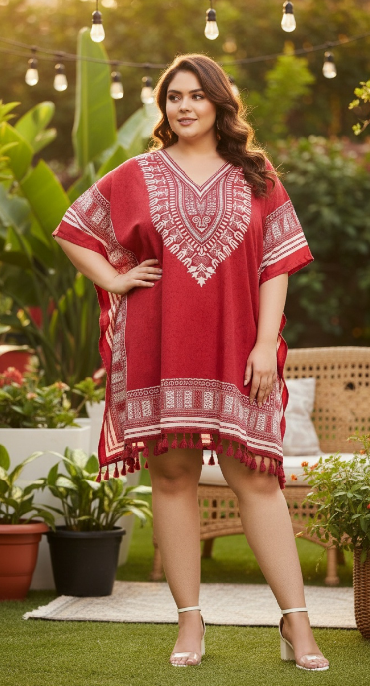 Red Tribal Printed Polyester Tunic Top For Plus Size Women