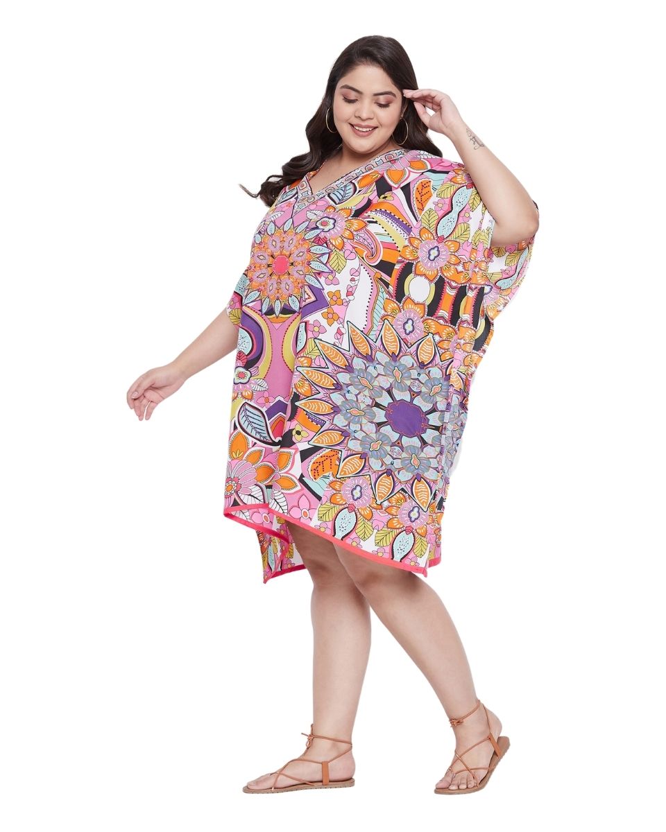 Floral Printed Multicolor Plus Size Polyester Tunic Top For Women