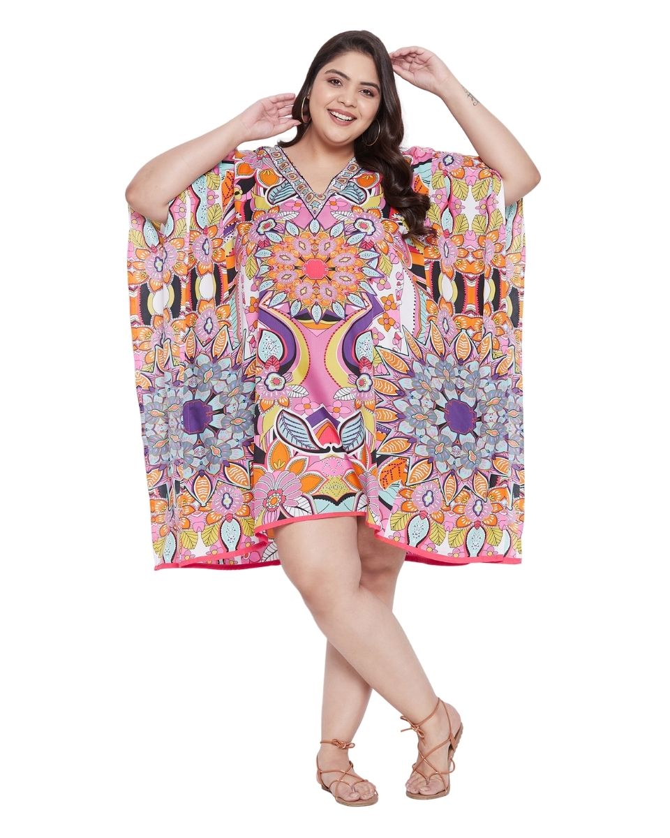 Floral Printed Multicolor Plus Size Polyester Tunic Top For Women