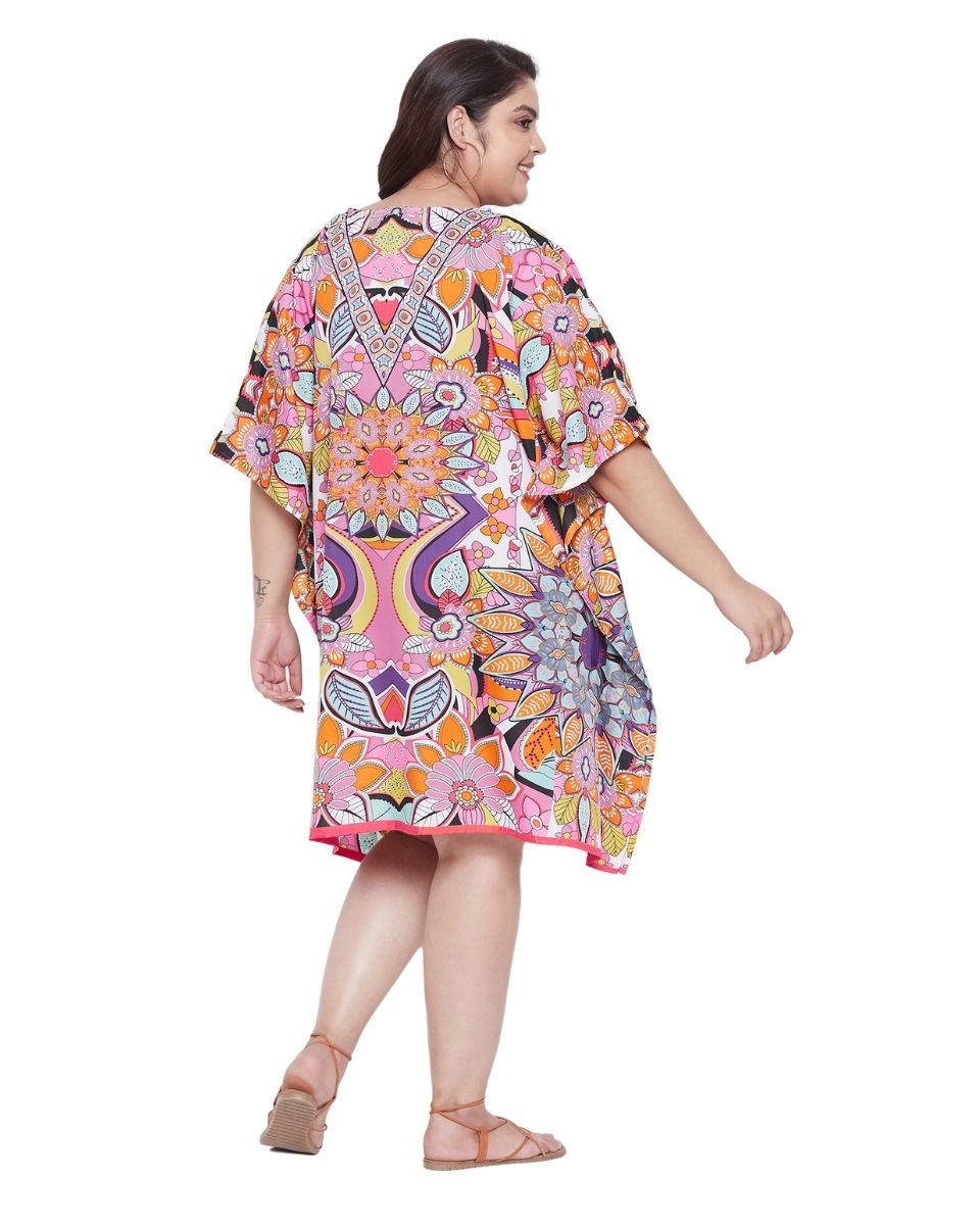 Floral Printed Multicolor Plus Size Polyester Tunic Top For Women