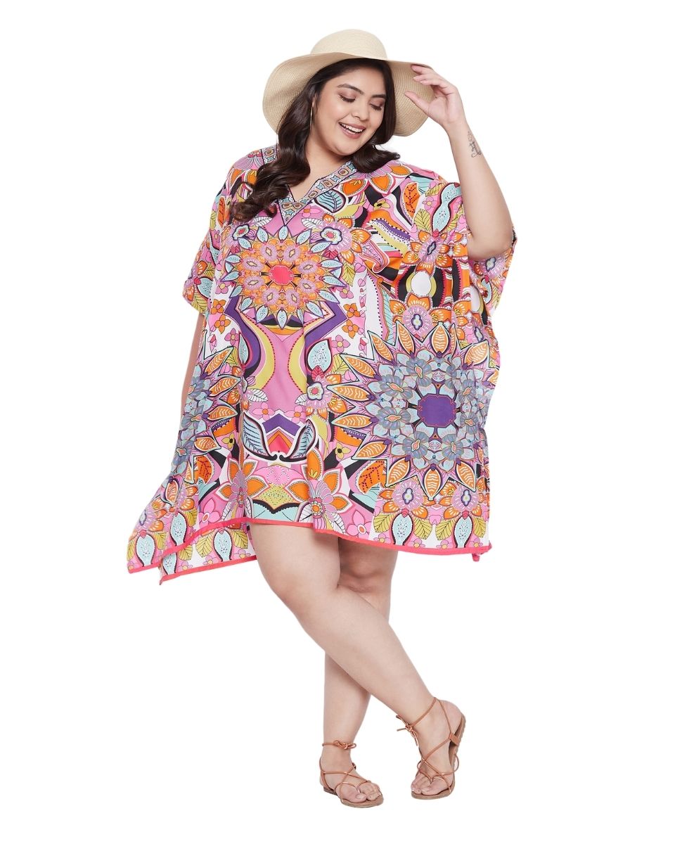 Floral Printed Multicolor Plus Size Polyester Tunic Top For Women