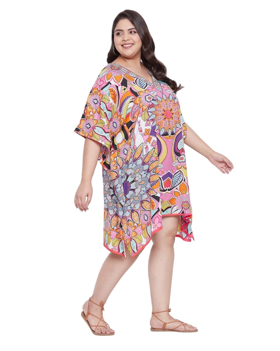 Floral Printed Multicolor Plus Size Polyester Tunic Top For Women