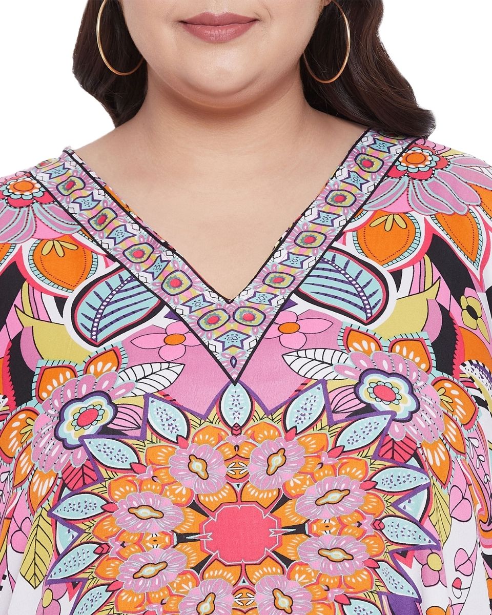 Floral Printed Multicolor Plus Size Polyester Tunic Top For Women