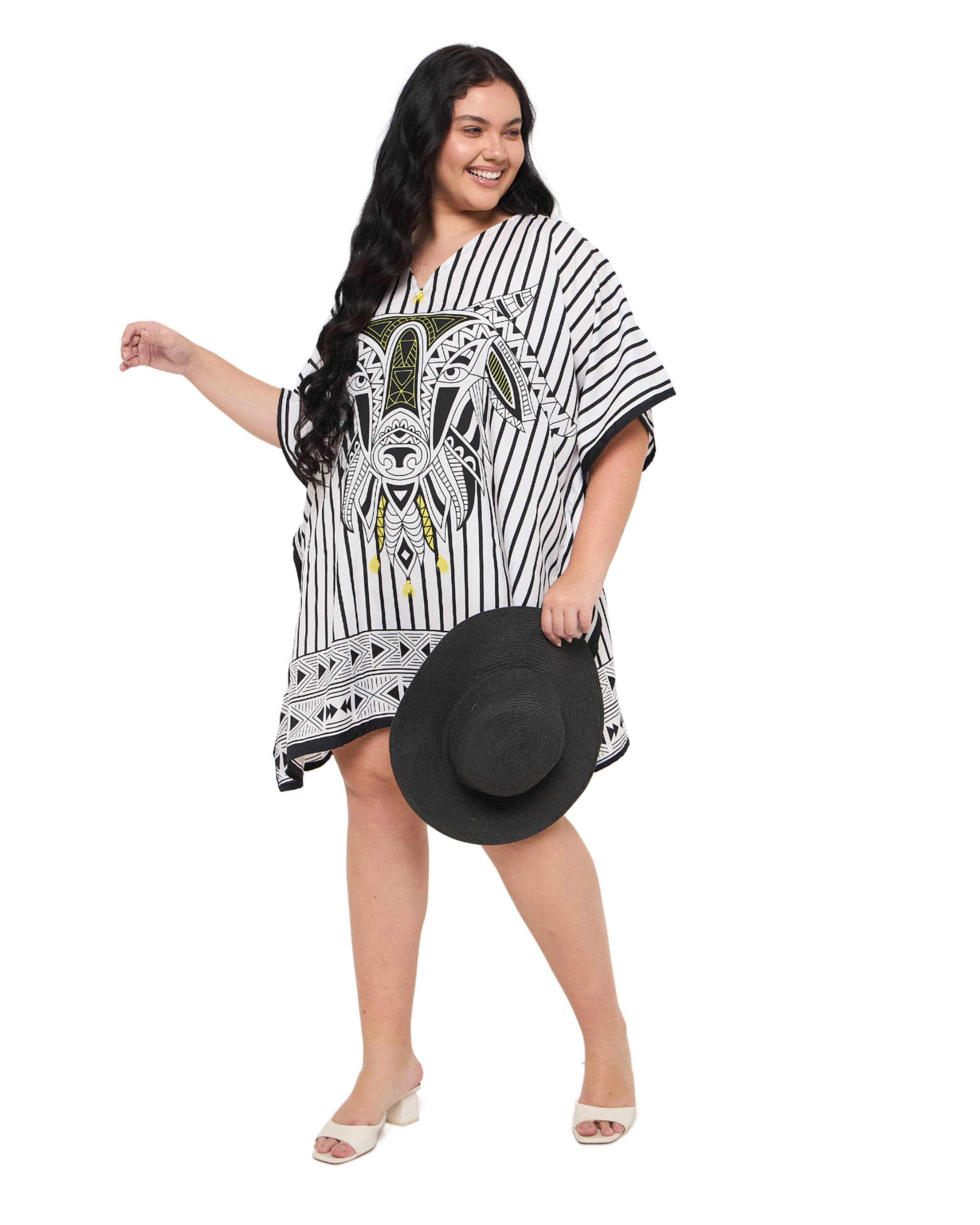 Striped White Plus Size Short Caftan Beach Cover up for Women