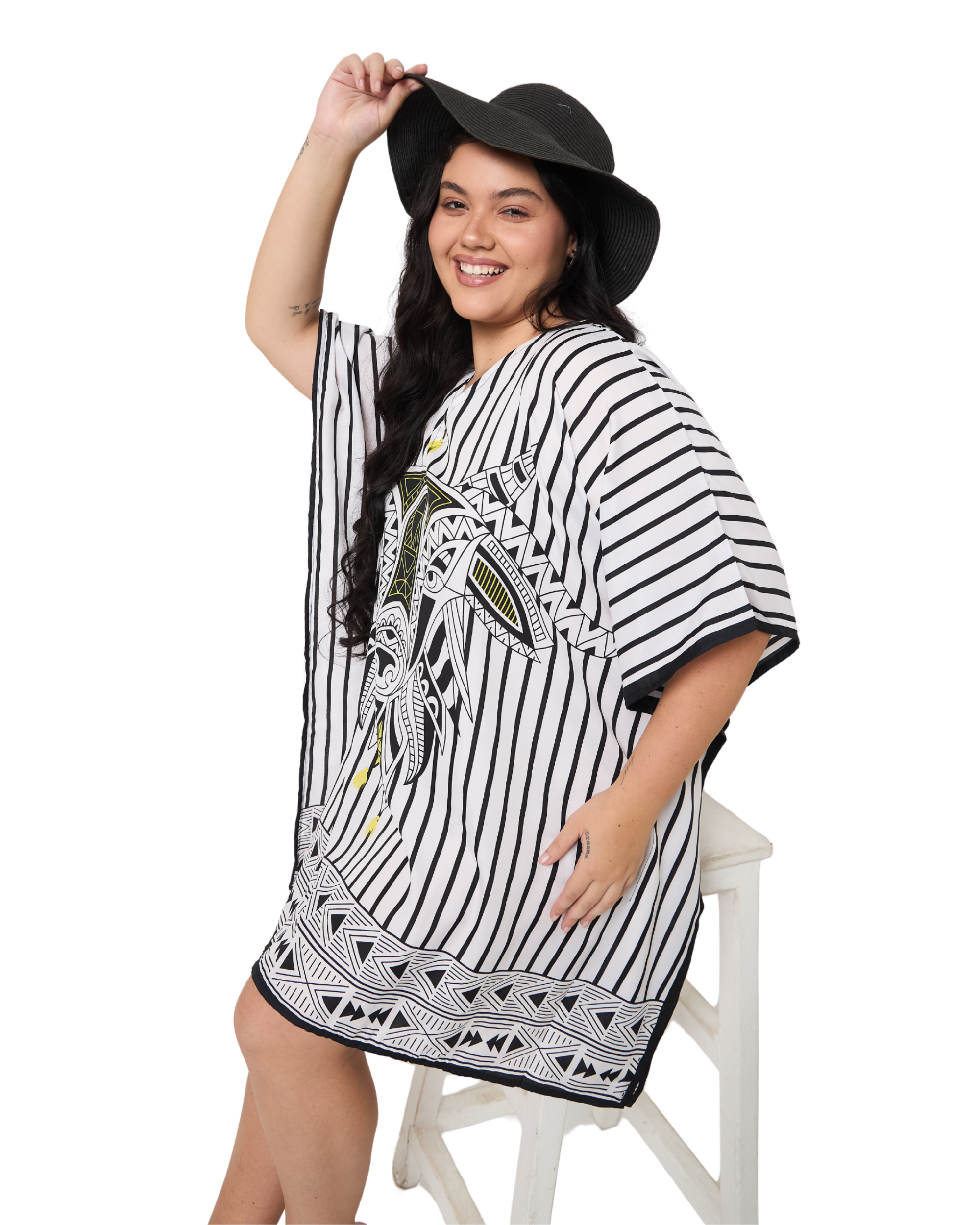 Striped White Plus Size Short Caftan Beach Cover up for Women
