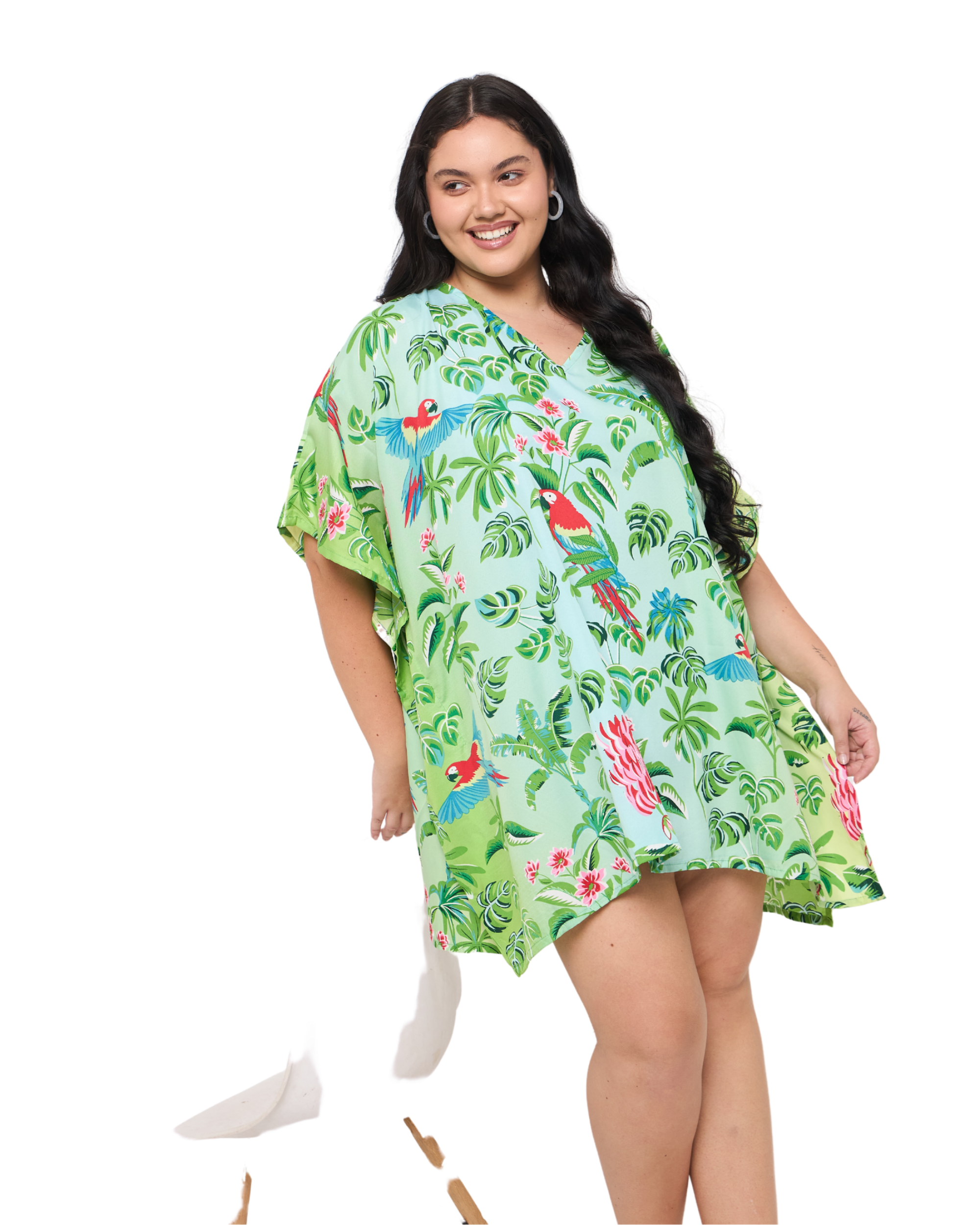 Tropical Leaf Mint Green Women Plus Size Short Beach Caftan
