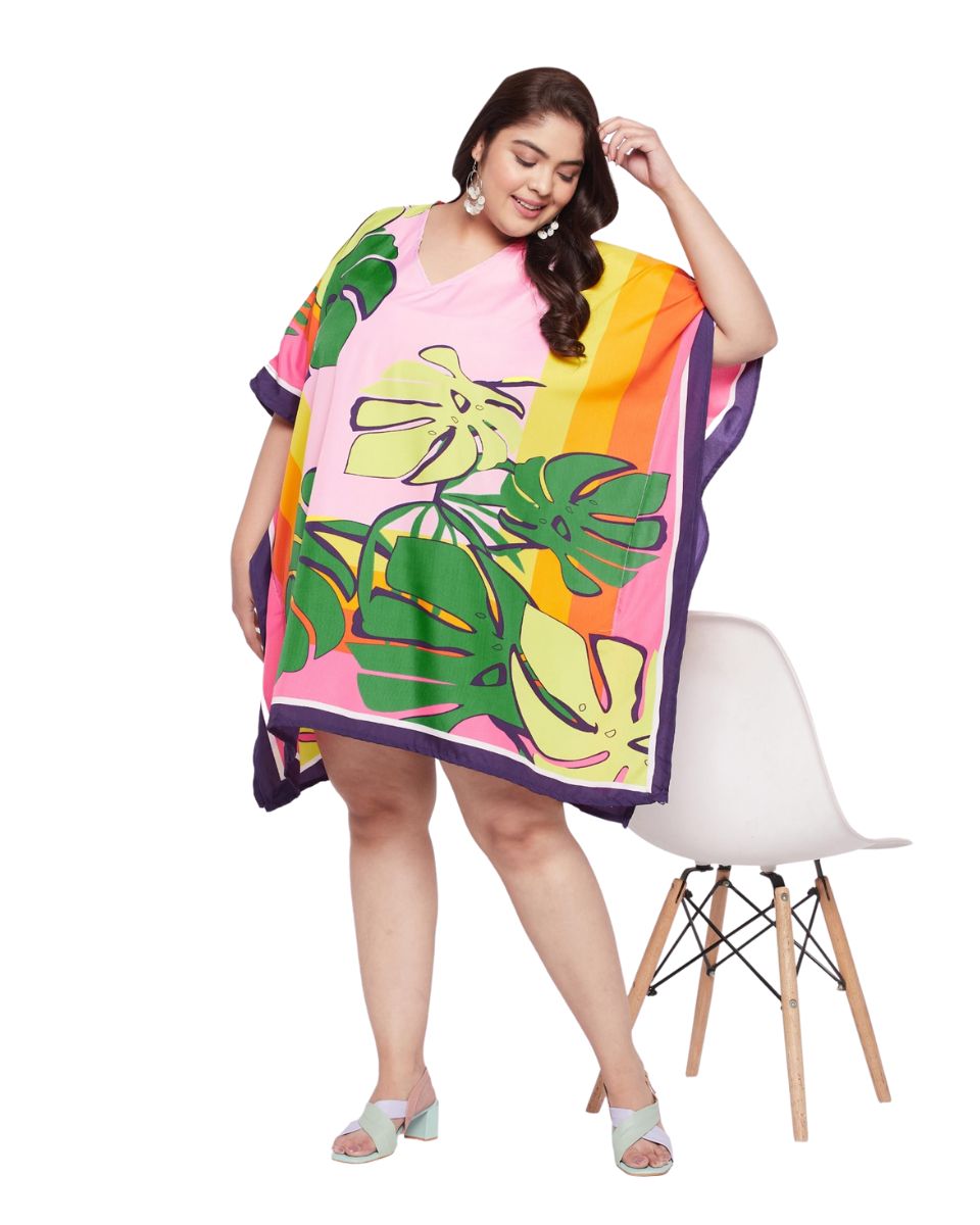 Leaf Printed Multicolor Plus Size Polyester Tunic Top For Women