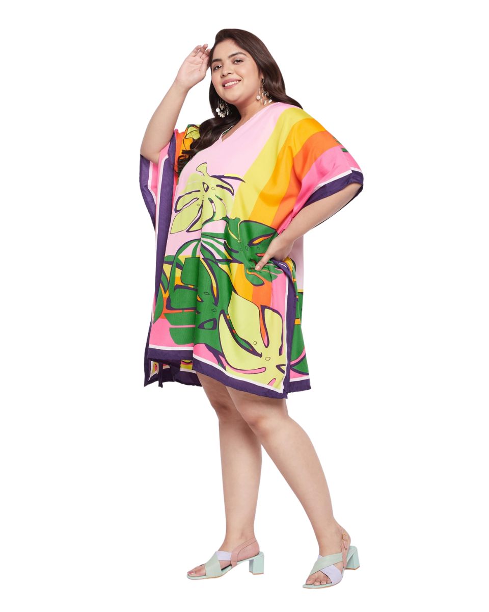 Leaf Printed Multicolor Plus Size Polyester Tunic Top For Women