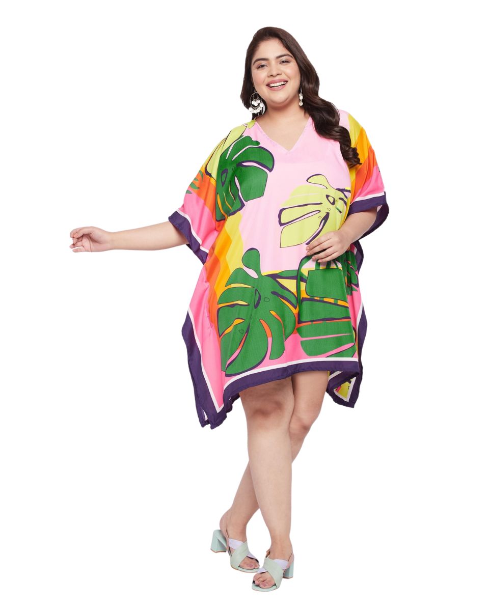 Leaf Printed Multicolor Plus Size Polyester Tunic Top For Women