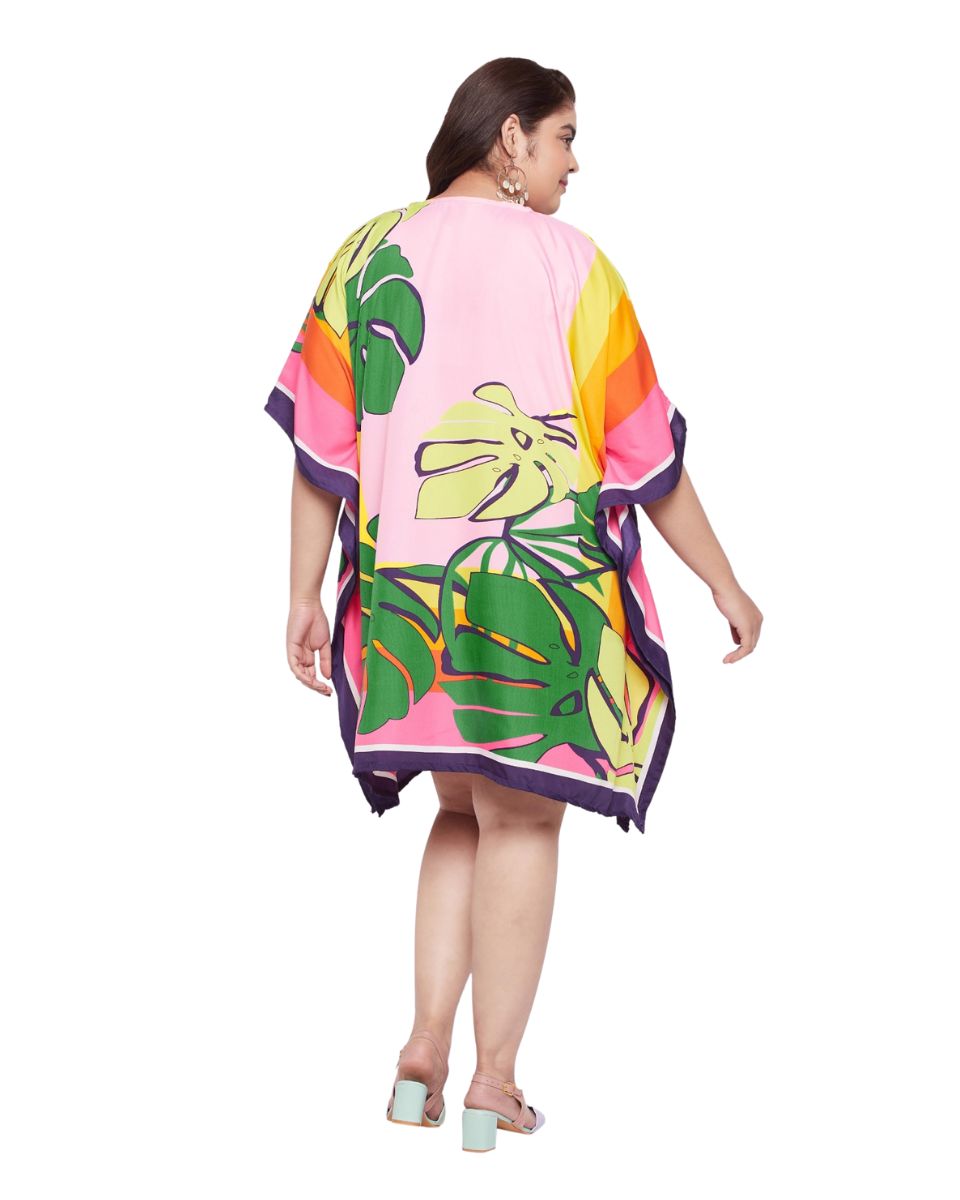 Leaf Printed Multicolor Plus Size Polyester Tunic Top For Women