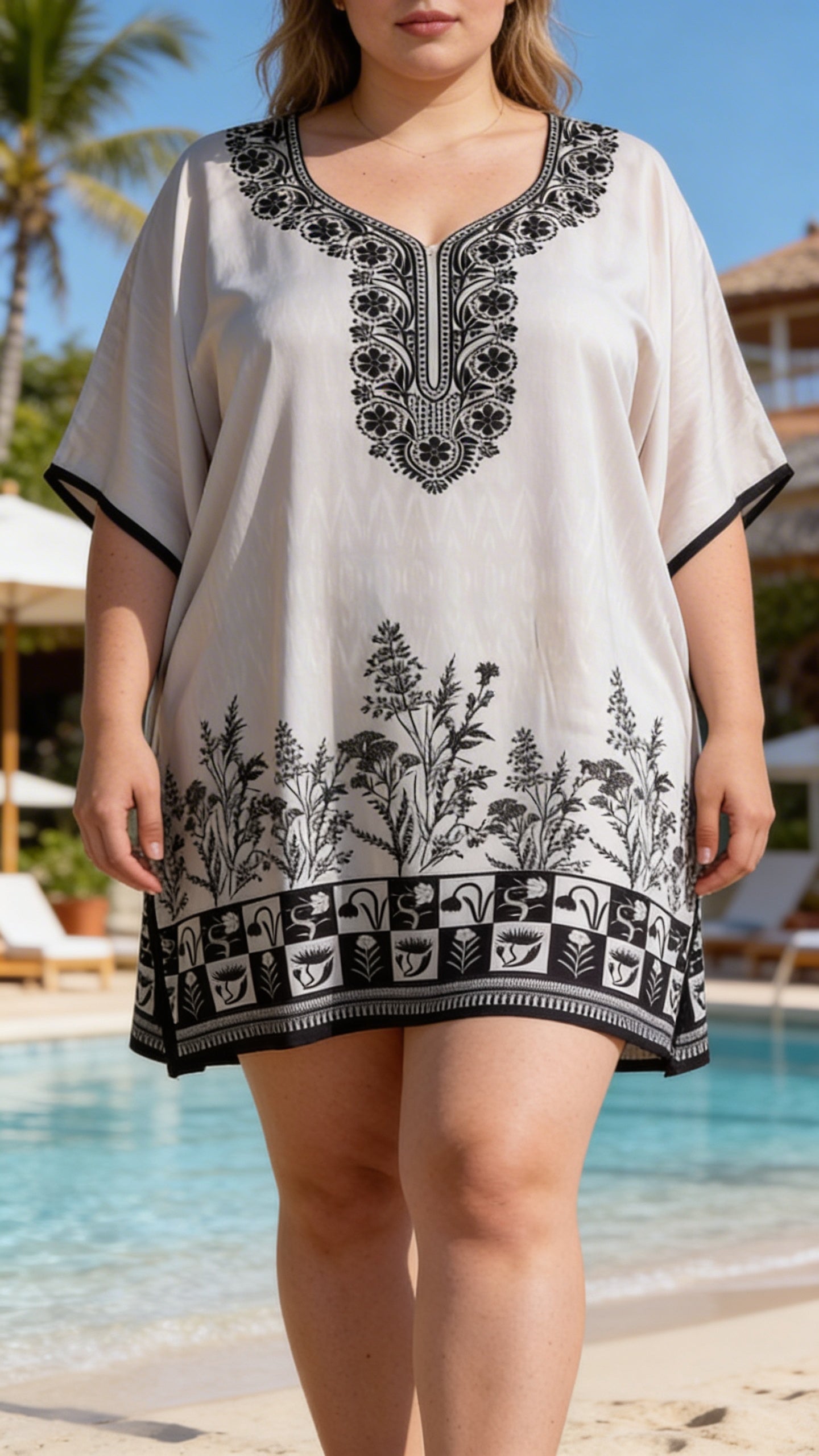 White Floral Polyester Women Plus Size Short Kaftan Brunch Dress