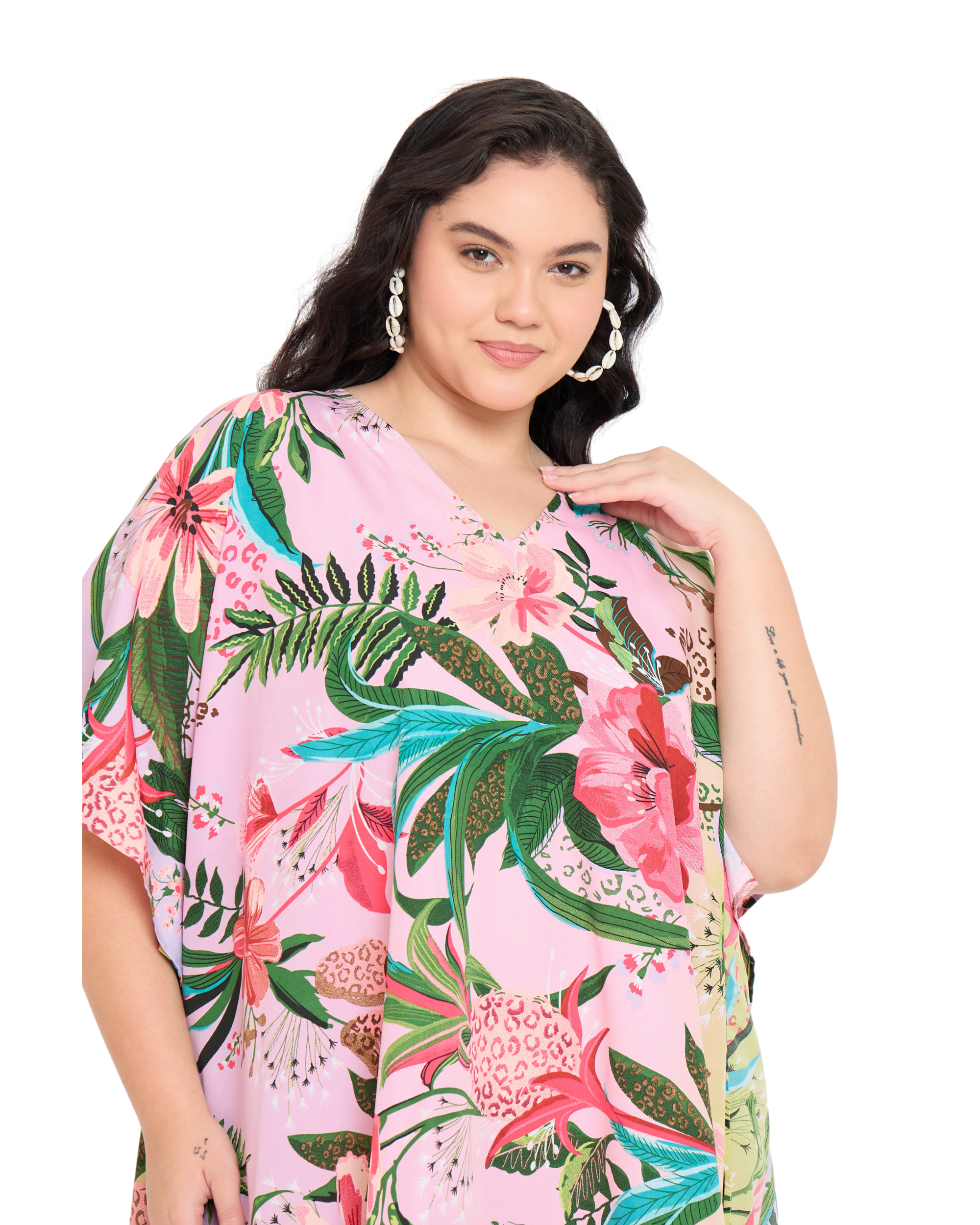 Floral Pastel Pink Polyester Plus Size Tunic Top for Women