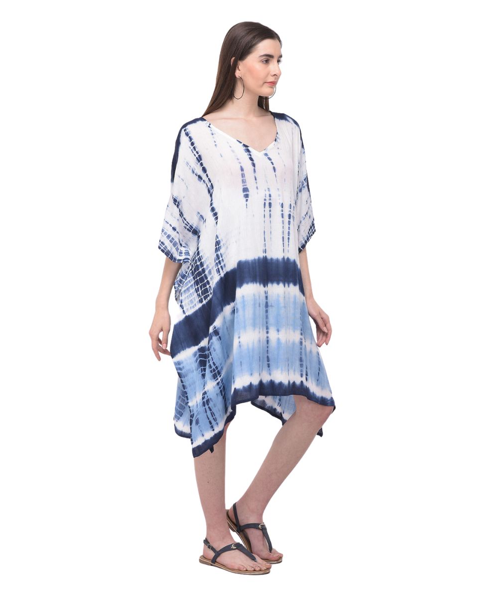 Navy Blue And White Tie Dye Print Plus Size Rayon Tunic For Women