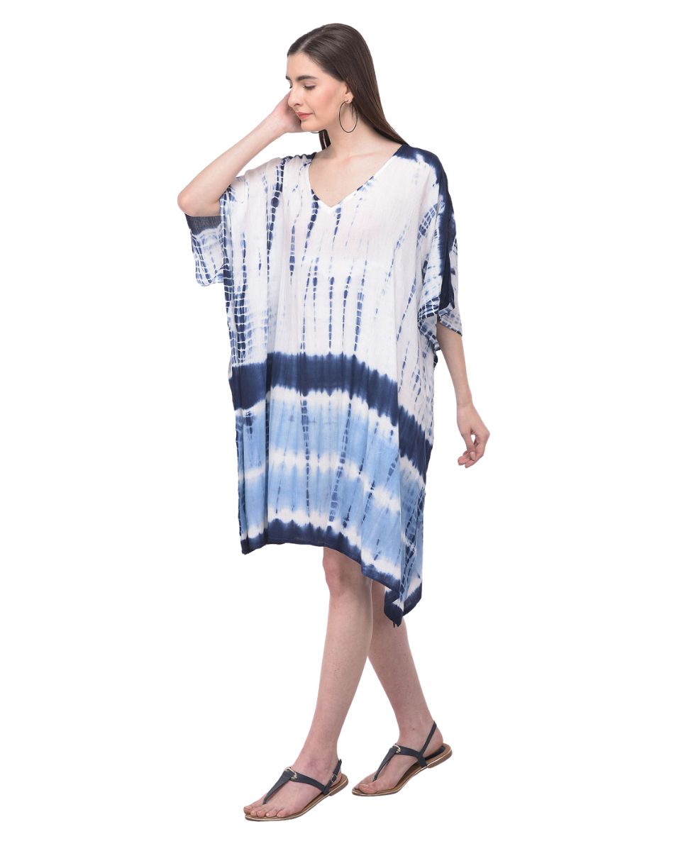 Navy Blue And White Tie Dye Print Plus Size Rayon Tunic For Women