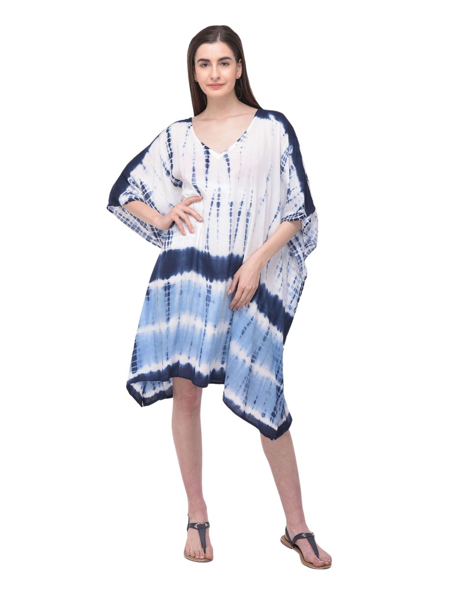 Navy Blue And White Tie Dye Print Plus Size Rayon Tunic For Women