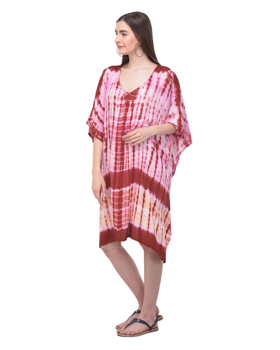 Red Rayon Plus Size Tunic Top Dress Tie Dye Printed For Women