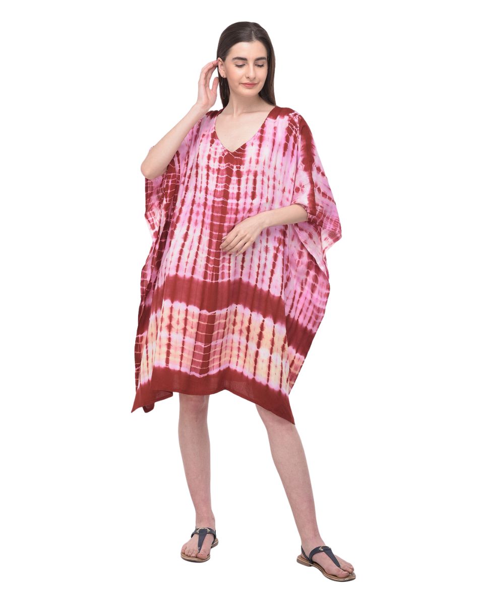 Red Rayon Plus Size Tunic Top Dress Tie Dye Printed For Women