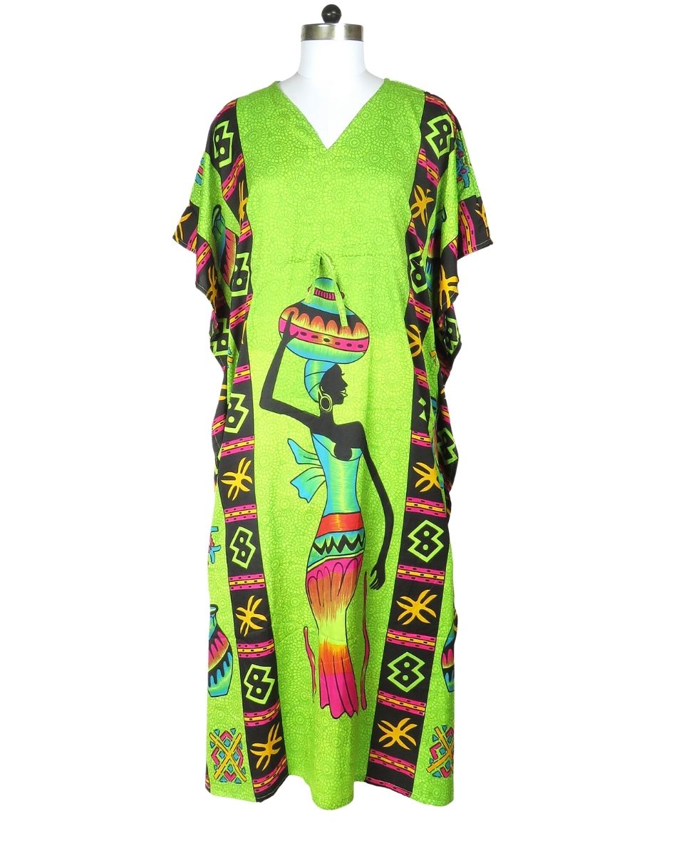 Green Lady Pattern Plus Size Polyester Kaftan For Women