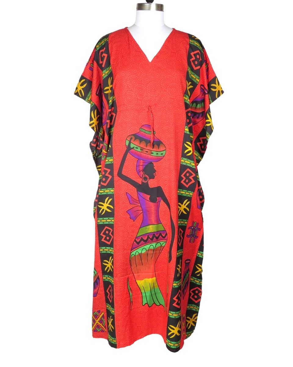 Red lady Pattern Plus Size Full Length Caftan Dress For Women