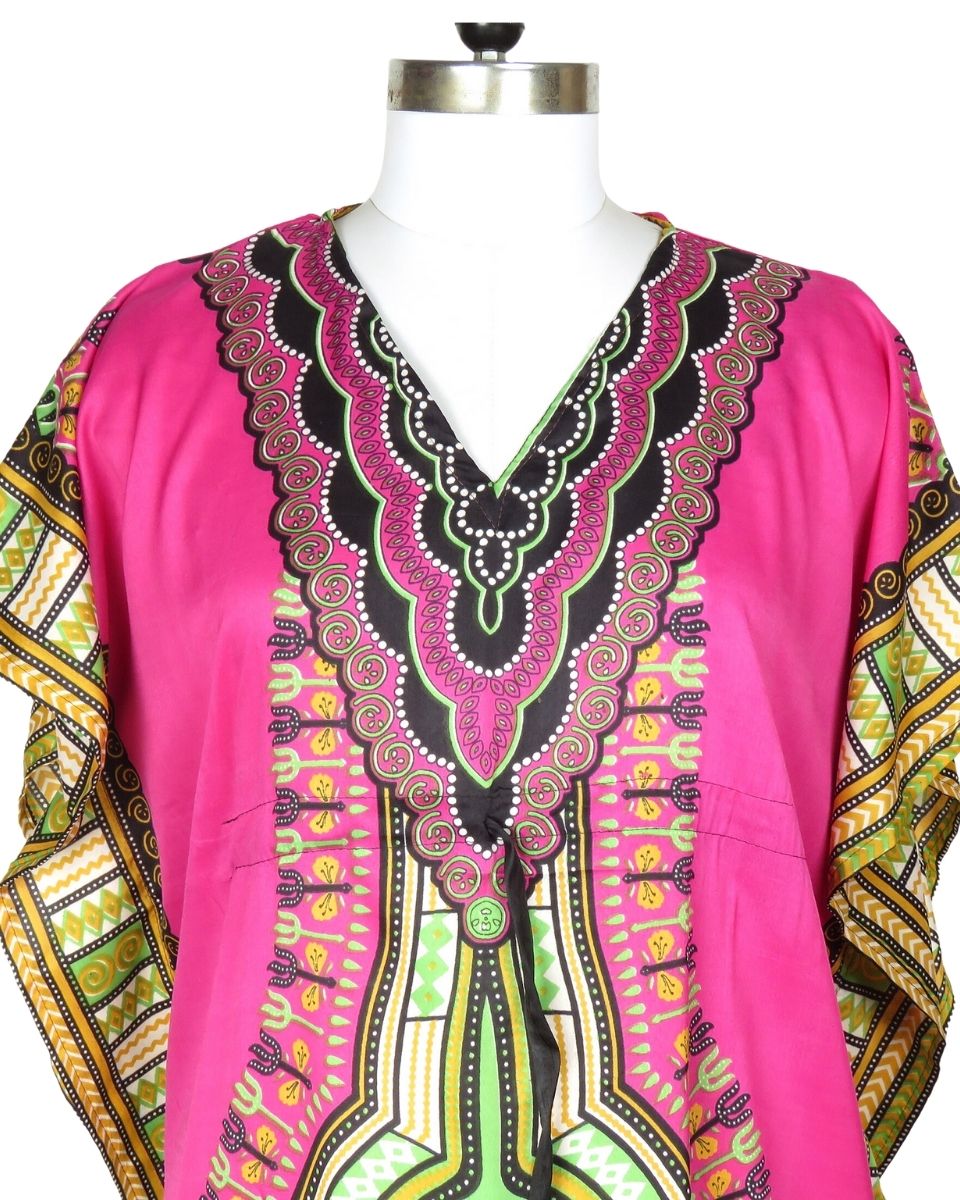 Pink African Dashiki Pattern Plus Size Beach Caftan For Women