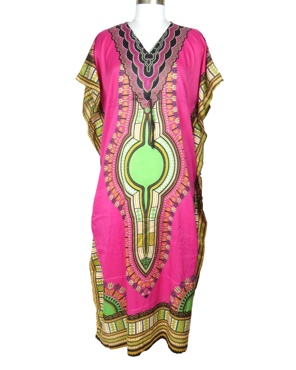 Pink African Dashiki Pattern Plus Size Beach Caftan For Women