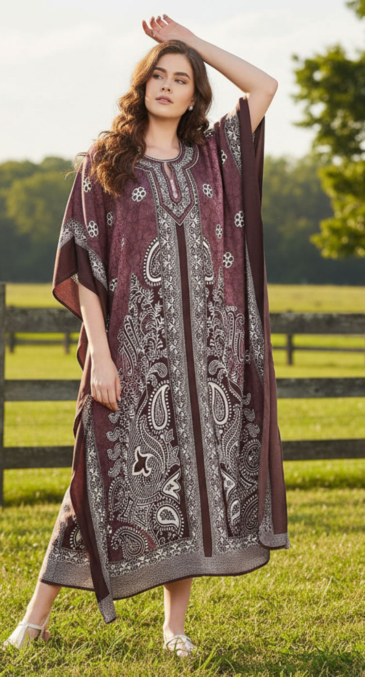 Floral Plus Size Printed Brown Polyester Kaftan Dress For Women