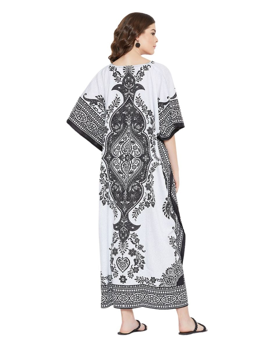 White Floral Paisley Plus Size Polyester Kaftan For Women