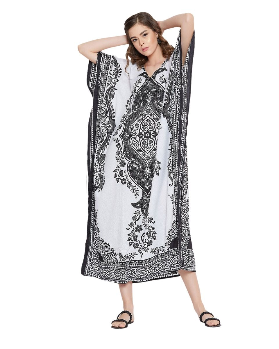 White Floral Paisley Plus Size Polyester Kaftan For Women