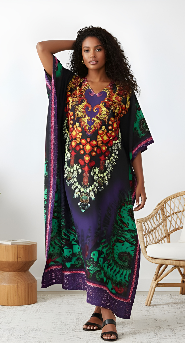 Floral Print Polyester Long Kaftan Dress For Plus Size Women