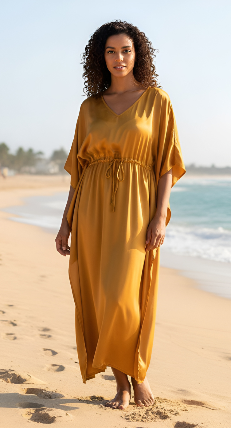 Solid Apricot Tan Satin Kaftan Dress For Plus Size Women