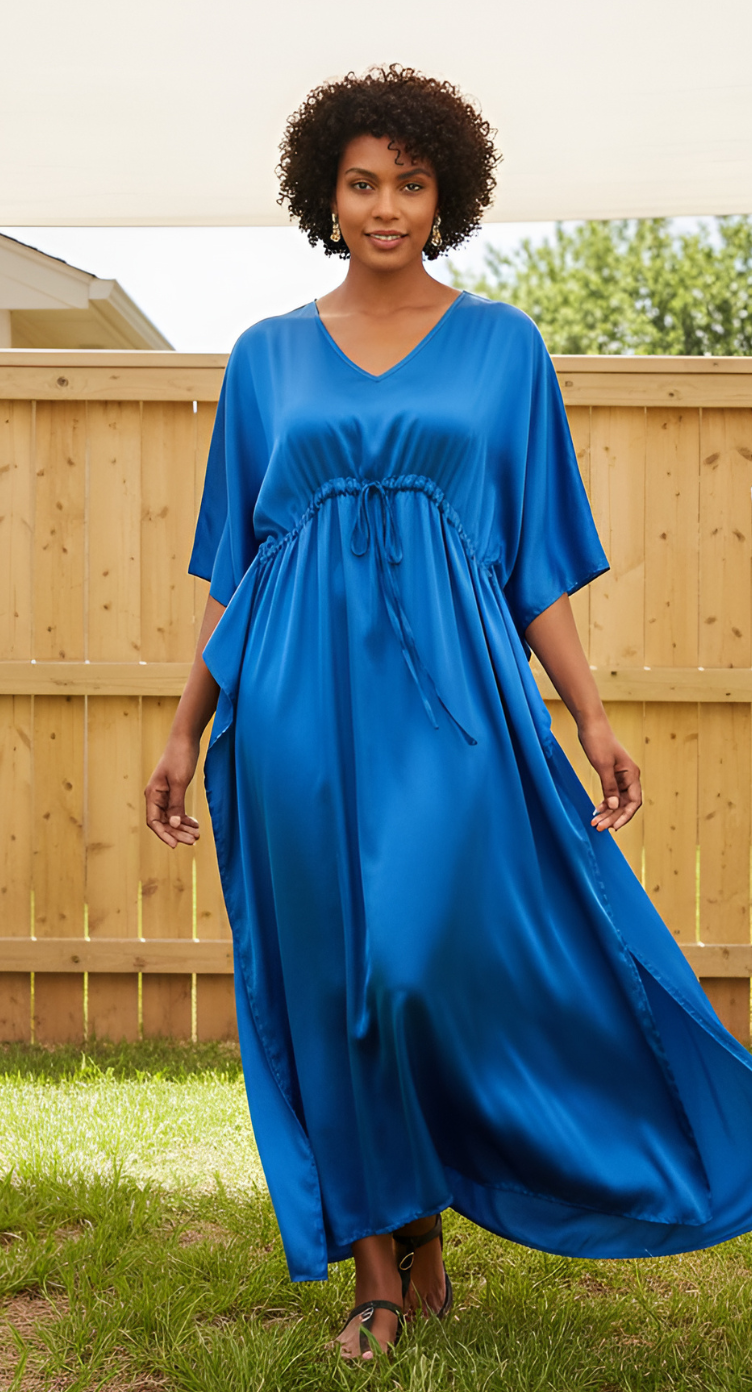 Blue Satin Solid Pattern Kimono Style Kaftan For Plus Size Women