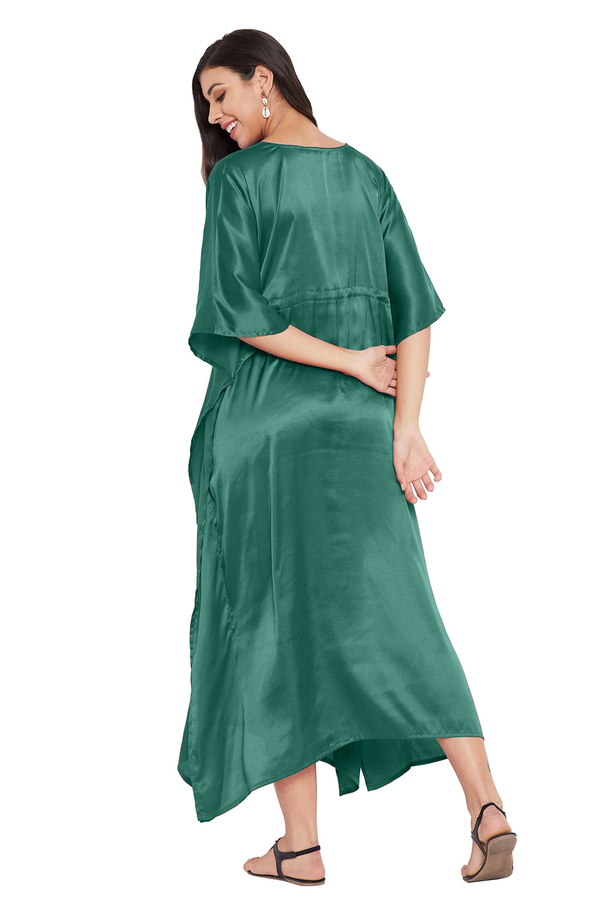 Green Plus Size Kaftan Kimono Sleeve V-Neck Dress For Women