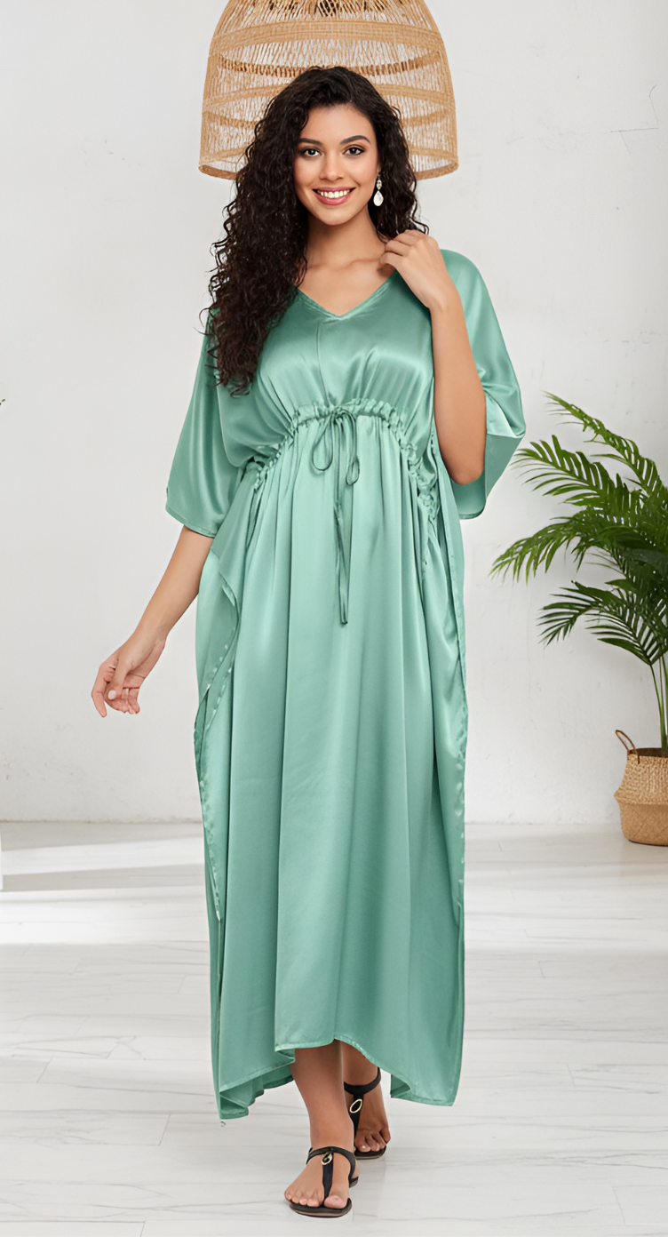 Solid Frosty Spruce Satin Kaftan Plus Size Dress For Women