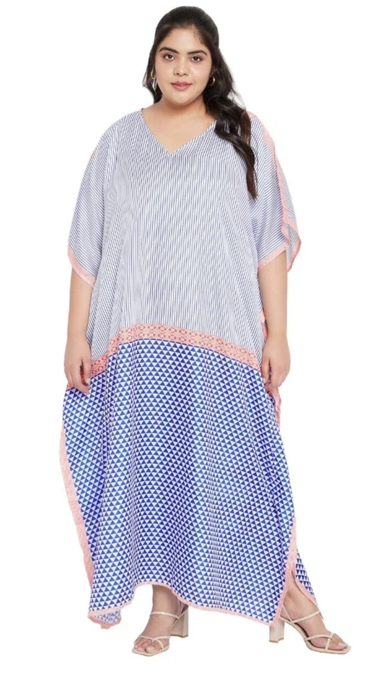 Blue Pinstripe Diamond Polyester Plus Size Kaftan for Women 1X-3X | GypsieBlu