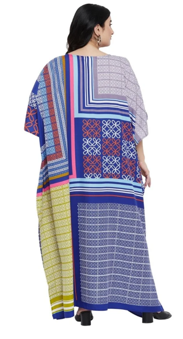 GypsieBlu Multicolor Polyester Plus Size Kaftan for Women V-Neck 1X-3X - Geometric Patchwork Stripe Print