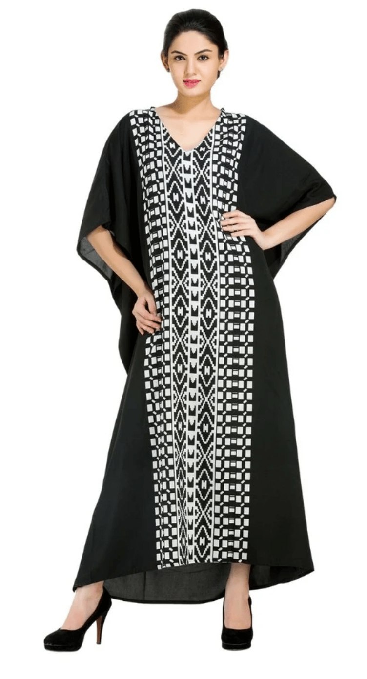GypsieBlu Black & White Polyester Plus Size Kaftan for Women V-Neck 1X-3X - Tribal Geometric Panel Print