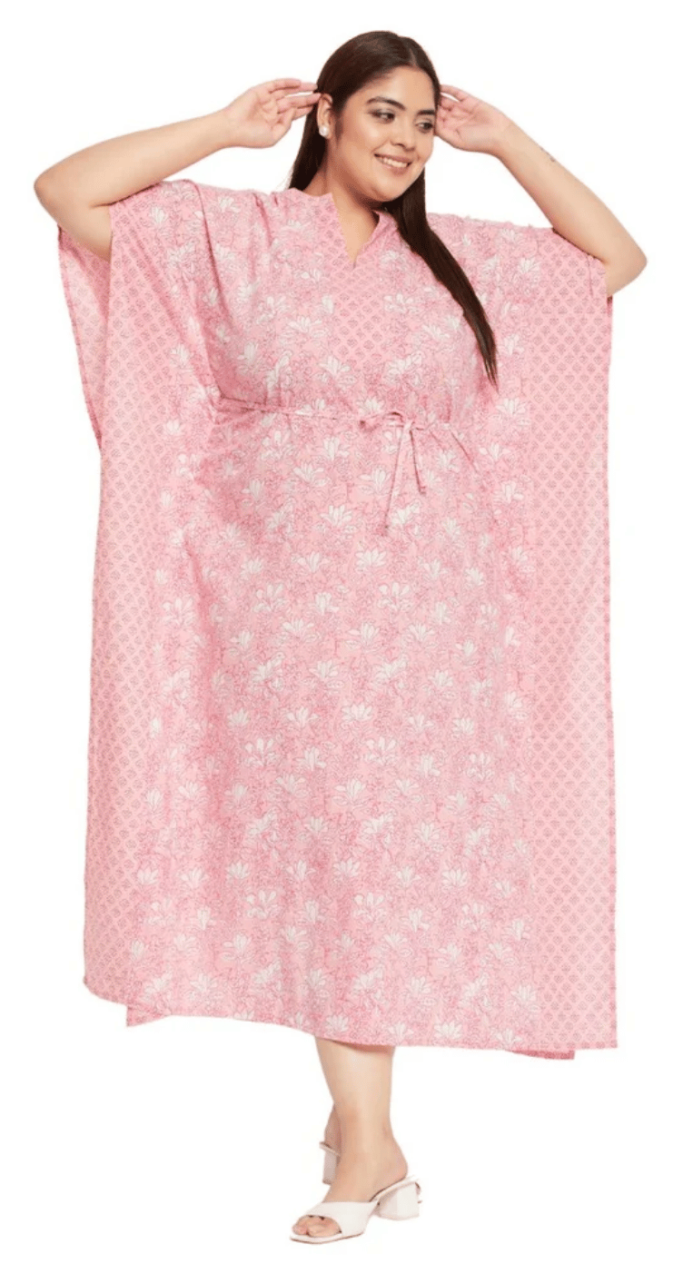 GypsieBlu Pink Floral Plus Size Cotton Kaftan Dress for Women 3/4 Sleeve 1X-3X