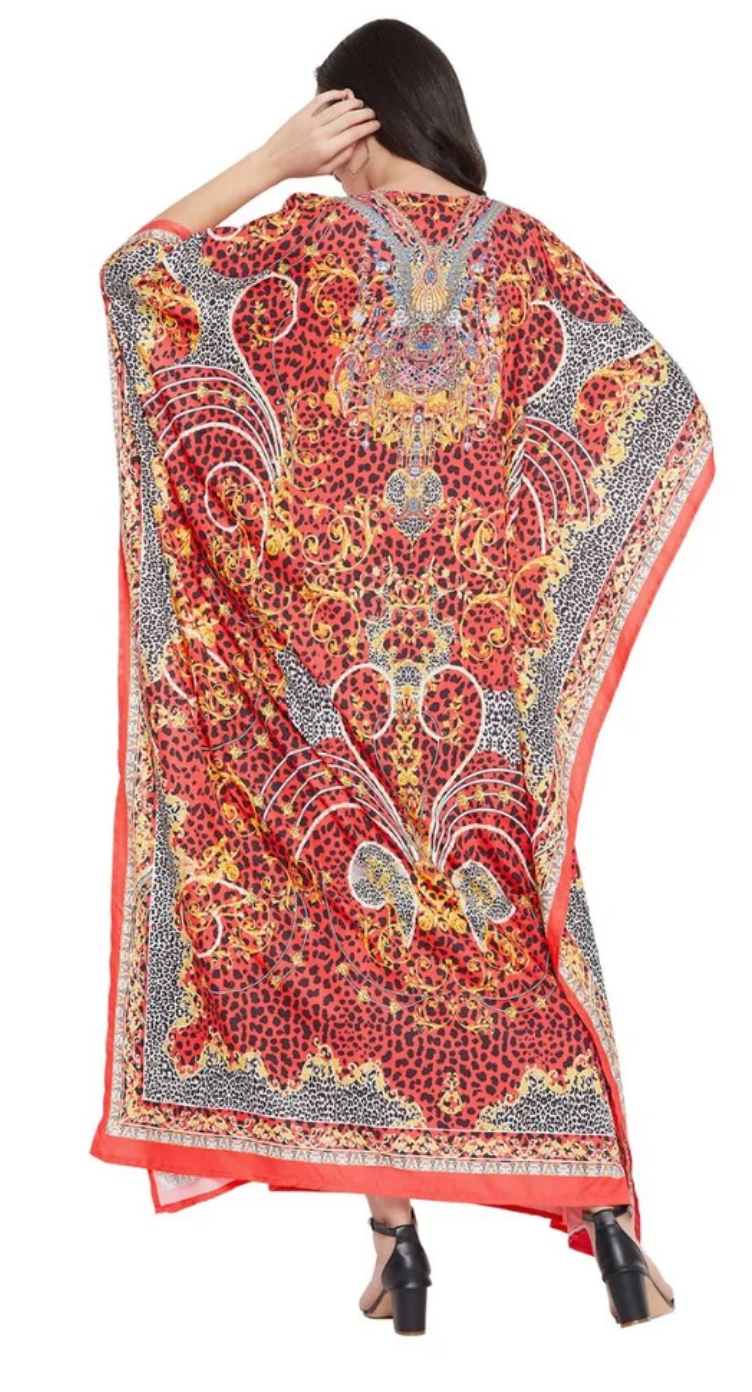 GypsieBlu Red & Multicolor Polyester Plus Size Kaftan for Women Kimono Sleeve 1X-3X - Damask Medallion Leopard Border Print