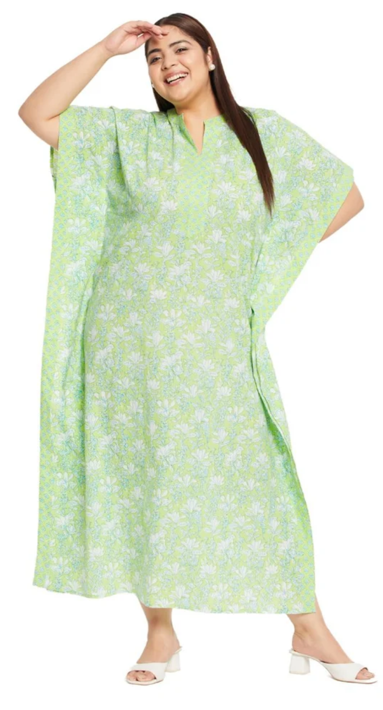GypsieBlu Green Floral Plus Size Cotton Kaftan Dress for Women 3/4 Sleeve 1X-3X