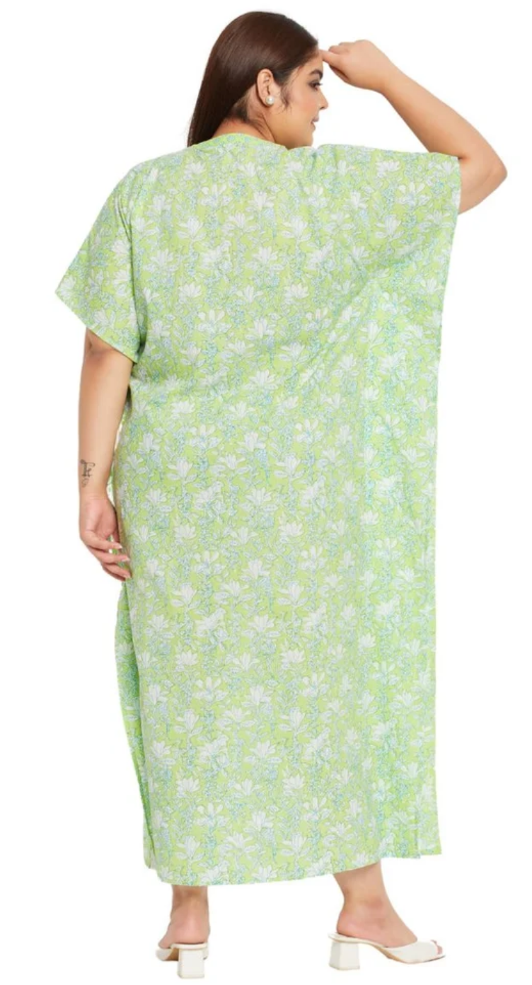 GypsieBlu Green Floral Plus Size Cotton Kaftan Dress for Women 3/4 Sleeve 1X-3X